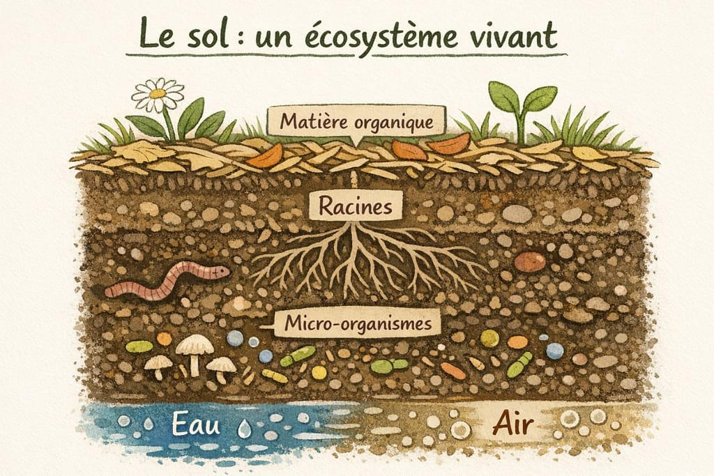Illustration montrant une coupe de sol de jardin avec la matière organique en surface, les racines des plantes, les micro-organismes, l’eau et l’air, pour comprendre le fonctionnement d’un sol vivant.