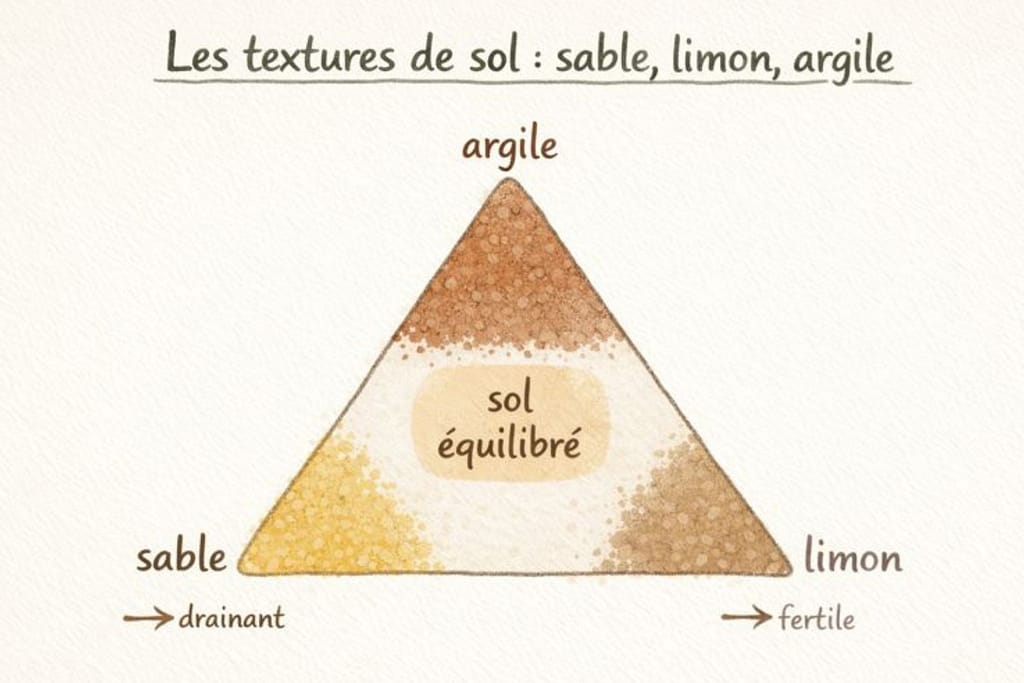 Schéma illustré des textures de sol montrant un triangle simple avec le sable, le limon et l’argile, et une zone centrale indiquant un sol équilibré, pour comprendre les différents types de sol au jardin.