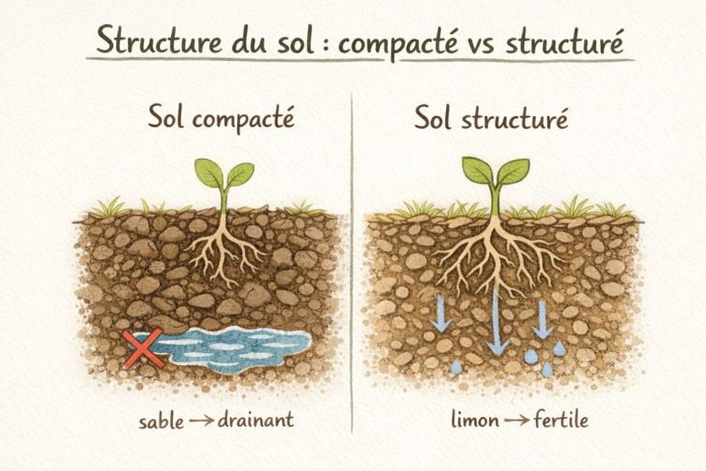 Illustration comparant un sol compacté et un sol structuré au jardin, montrant des racines bloquées et une eau stagnante d’un côté, et des racines profondes avec une bonne circulation de l’eau de l’autre.