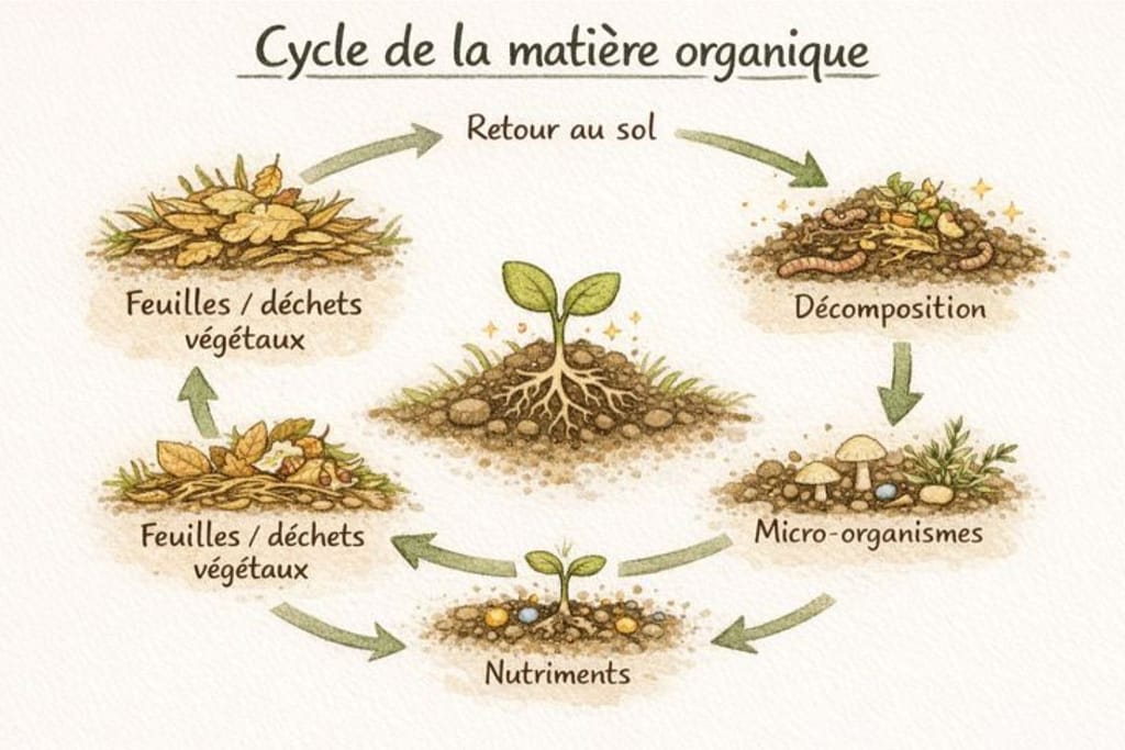 Illustration montrant le cycle de la matière organique au jardin, avec les feuilles et déchets végétaux, leur décomposition par les micro-organismes, la formation de nutriments, l’alimentation des plantes et le retour au sol.