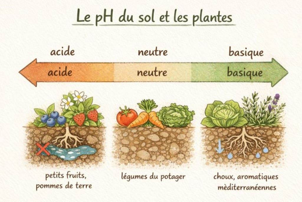 Illustration montrant une échelle simple du pH du sol avec des exemples de plantes adaptées à un sol acide, neutre ou basique, pour comprendre pourquoi certaines plantes poussent mieux que d’autres au jardin.