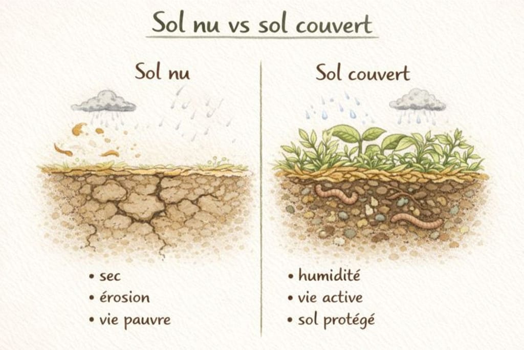 Illustration comparant un sol nu et un sol couvert au jardin, montrant un sol sec et érodé sans vie d’un côté, et un sol protégé, humide et riche en vie de l’autre.