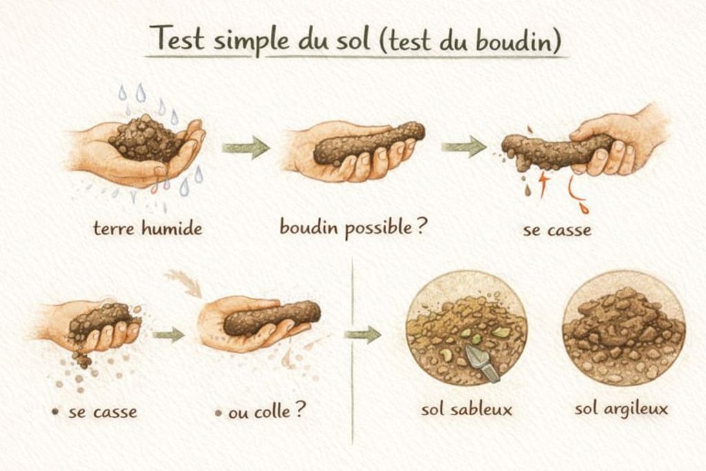 Infographie montrant un test simple du sol en quatre étapes, consistant à former un boudin avec de la terre humide pour observer s’il se casse ou colle, afin de reconnaître facilement le type de sol au jardin.