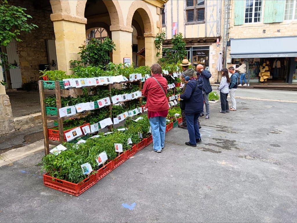 Ambiance de la foire aux plantes d’Issigeac avec visiteurs et stands en 2025
