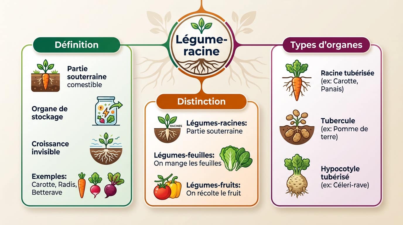 Schéma explicatif des différents types de légumes-racines et leurs organes de stockage