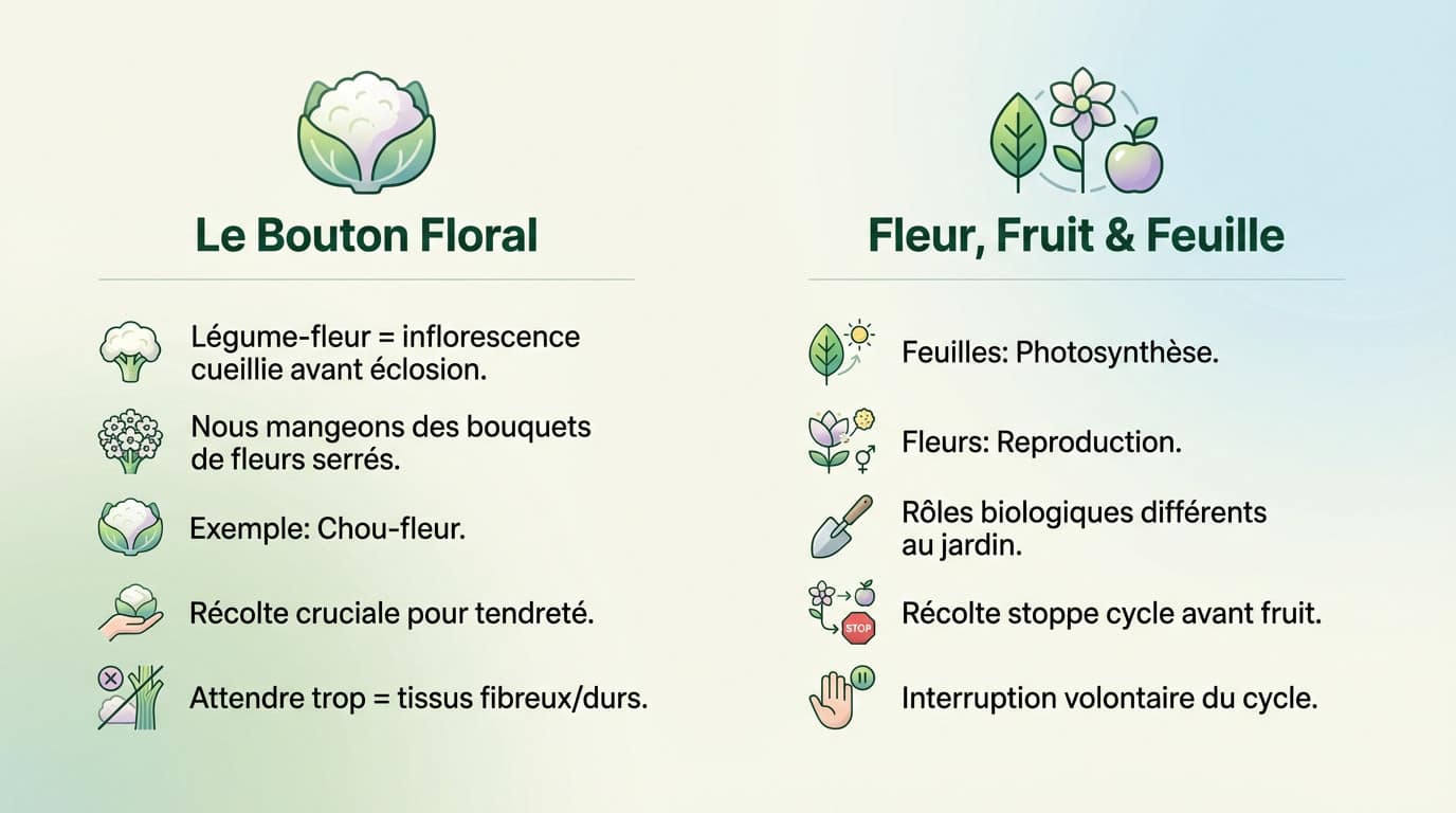 Schéma botanique comparatif entre bouton floral fleur fruit et feuille au potager