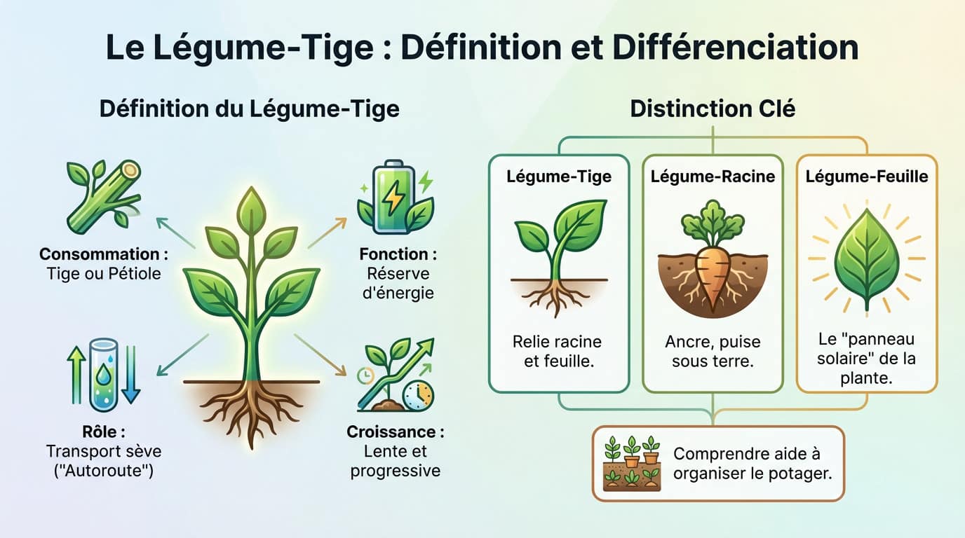 Schéma montrant la différence entre tige, pétiole et racine sur un légume