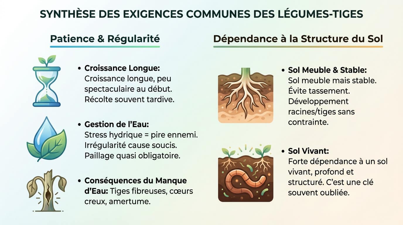 Schéma illustrant les besoins en eau et en sol des légumes-tiges pour éviter le stress hydrique