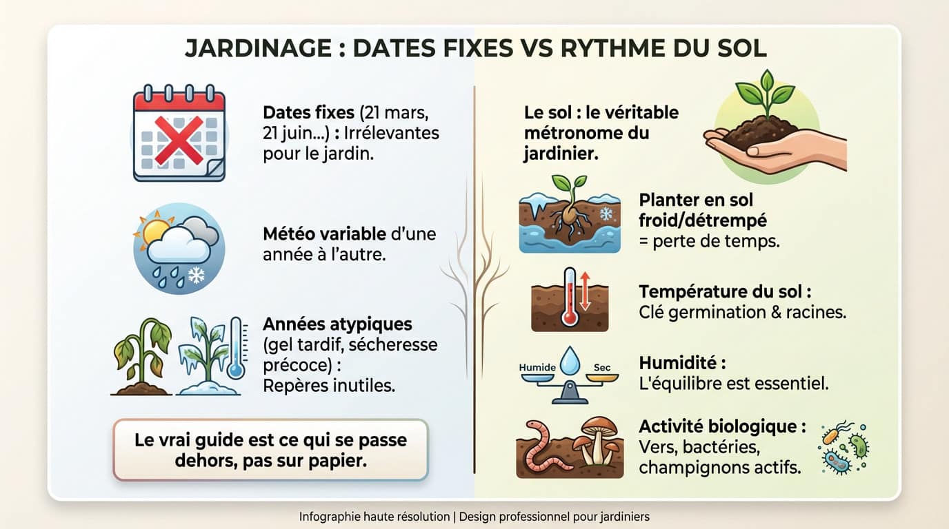 Schéma comparant le jardinage basé sur un calendrier fixe versus l'observation du rythme du sol