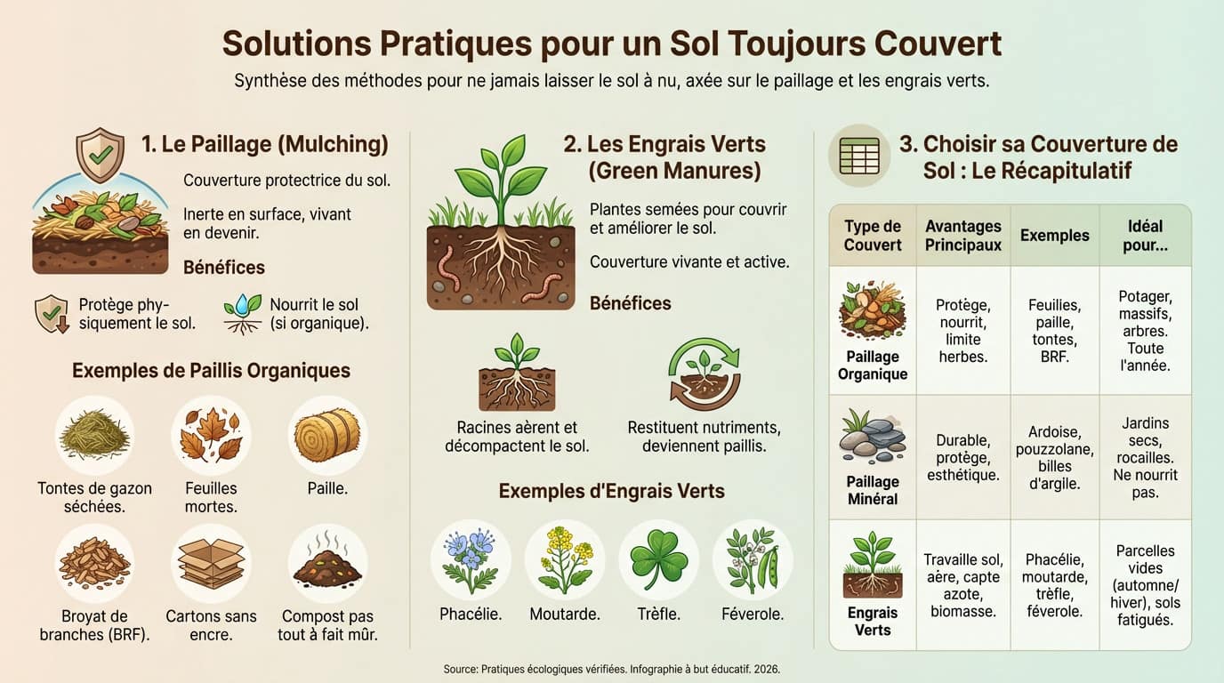 Illustration des différentes méthodes pour couvrir le sol du jardin : paillage organique et engrais verts