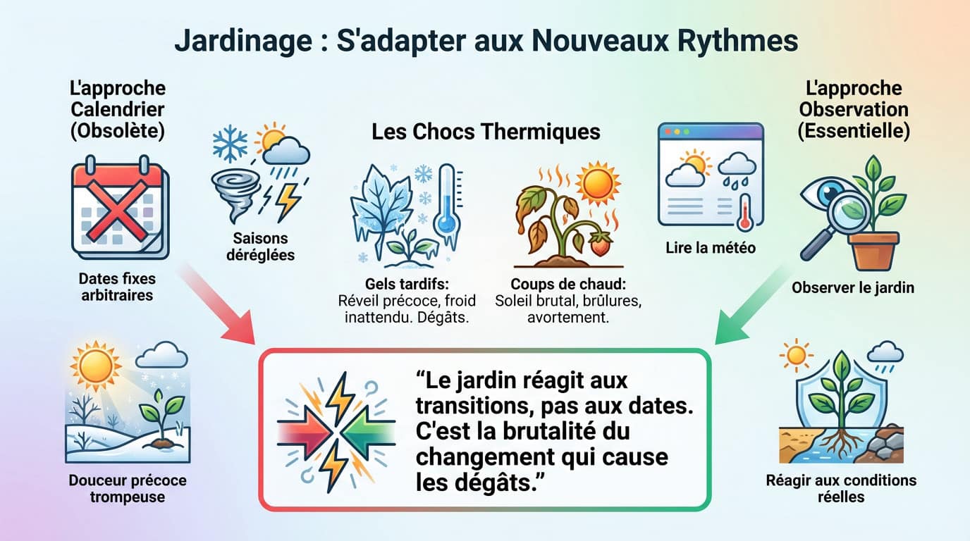Jardinier observant le ciel et son potager pour anticiper la météo plutôt que de suivre le calendrier