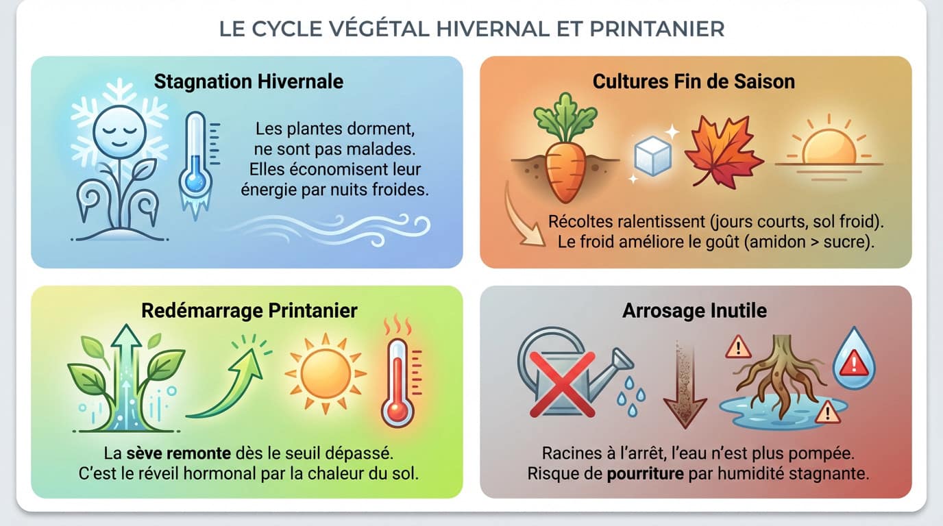 Schéma illustrant le cycle végétal hivernal et printanier avec le seuil de zéro végétation
