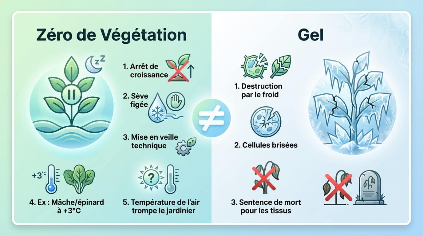 Schéma expliquant la différence entre le zéro de végétation et le gel sur les légumes