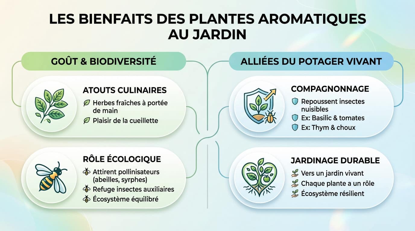 Panier de récolte rempli de plantes aromatiques fraîches au milieu du jardin