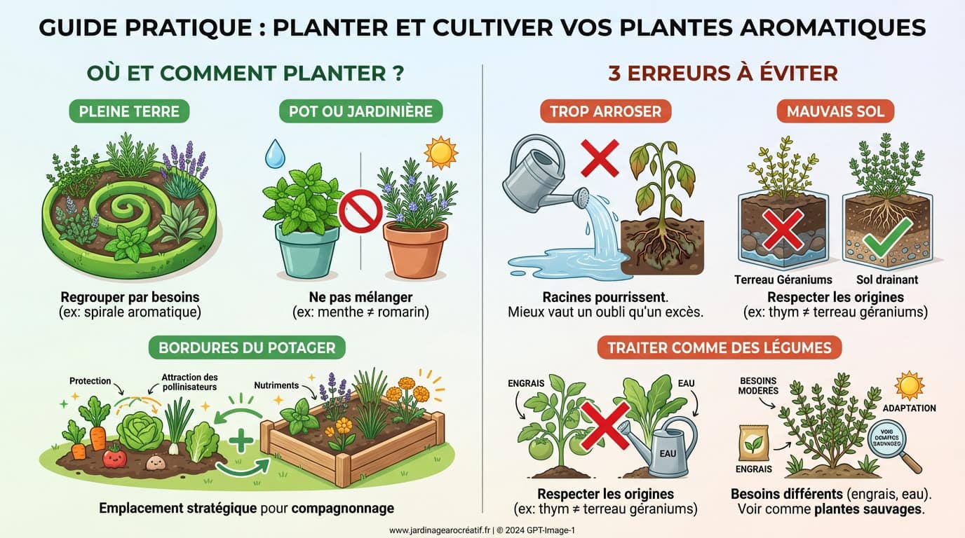 Jardinière en bois avec différentes plantes aromatiques au jardin