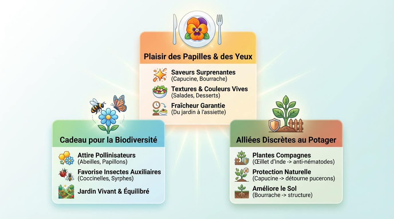 Infographie illustrant les 3 avantages des fleurs comestibles : goût, biodiversité et aide au potager