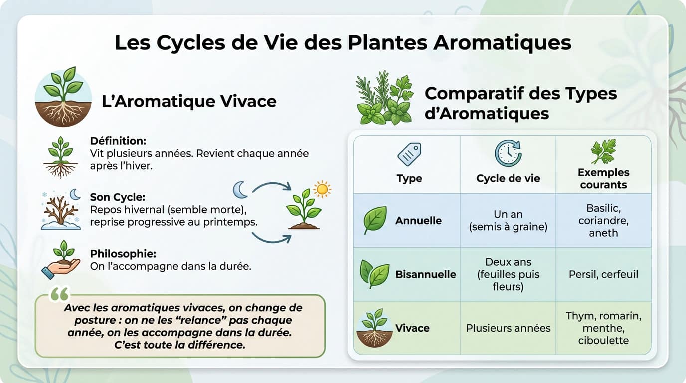 Schéma illustrant les cycles de vie comparés des plantes aromatiques vivaces, annuelles et bisannuelles