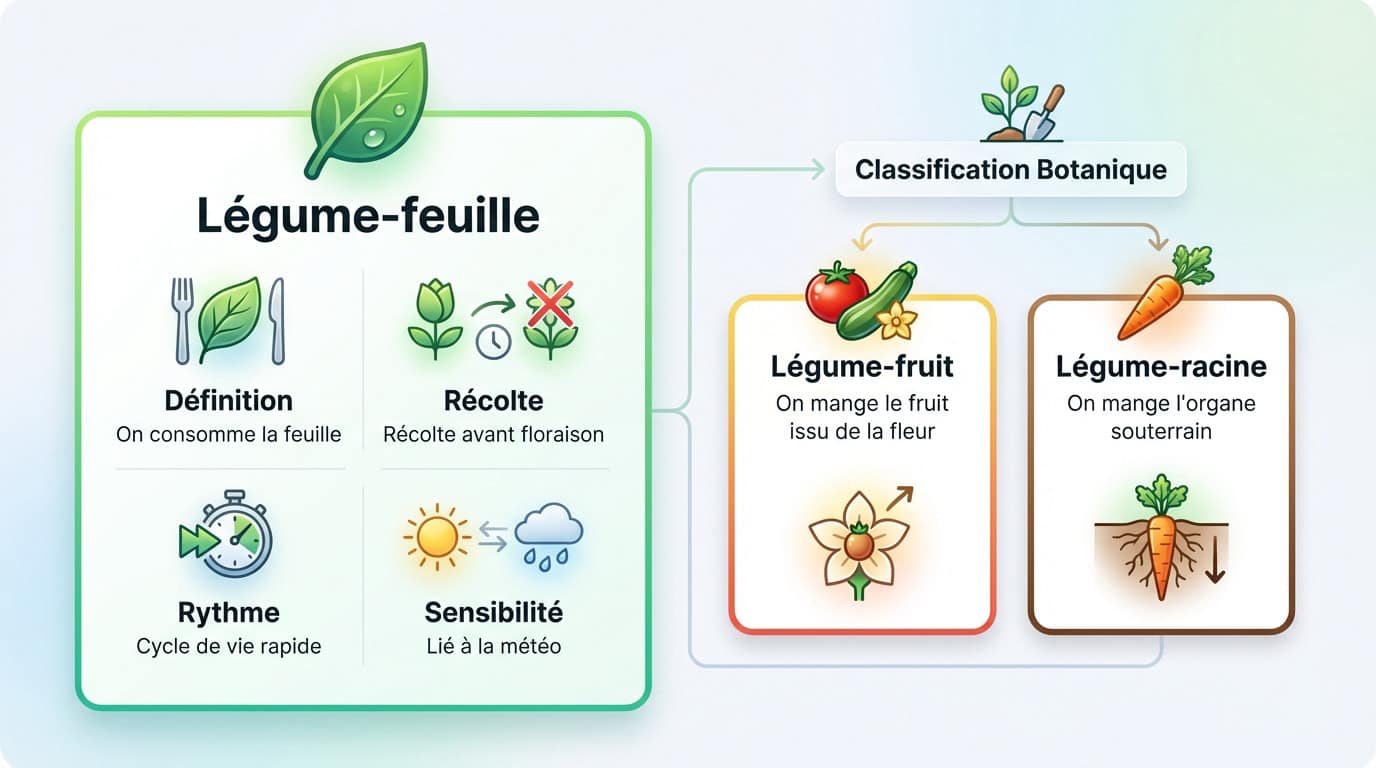 Schéma illustrant la différence botanique entre légume-feuille, légume-fruit et légume-racine