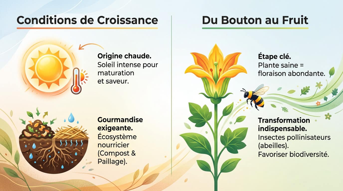 Infographie illustrant les besoins en chaleur et sol vivant des légumes fruits au potager