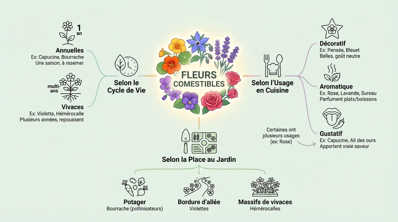 Schéma simple montrant la classification des fleurs comestibles par cycle de vie et usage culinaire