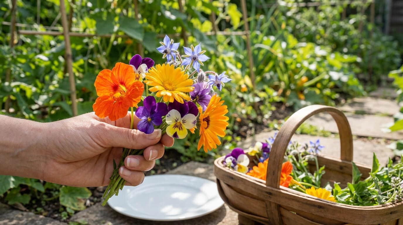 image de fleur comestibles fraiches récoltées au jardin potager