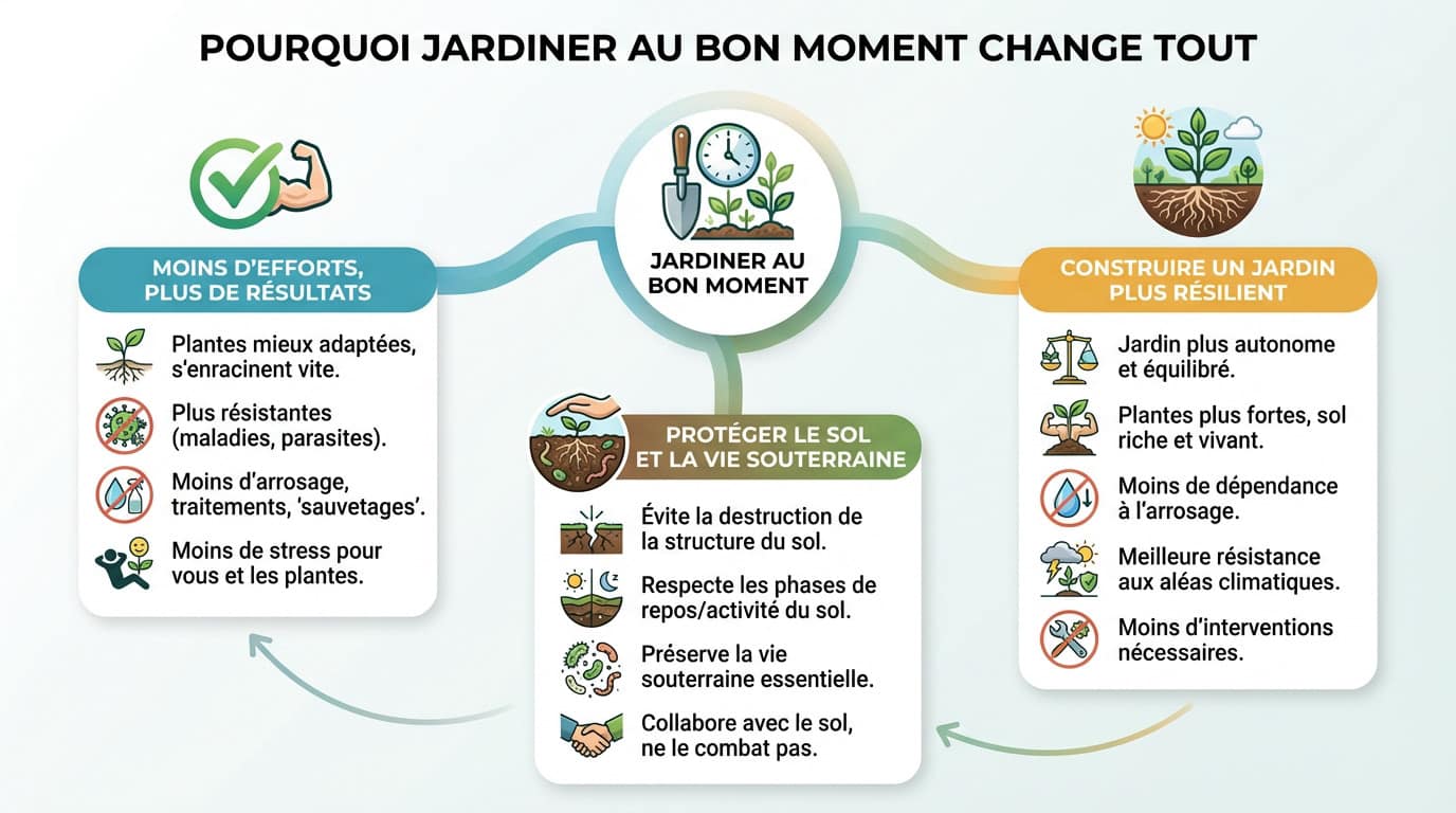 Jardinier observant la qualité du sol avant de planter pour respecter le rythme des saisons