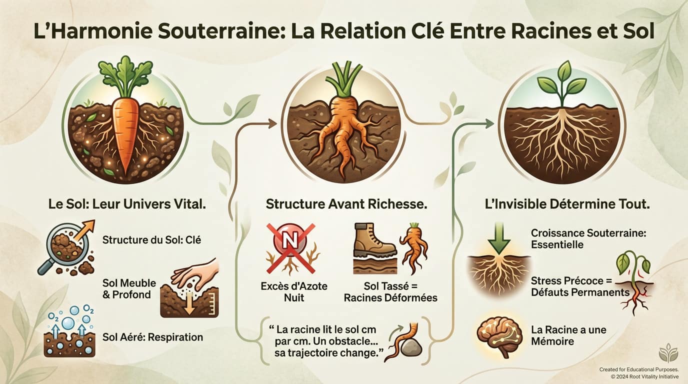 Coupe transversale illustrant le développement sain des légumes-racines dans un sol aéré