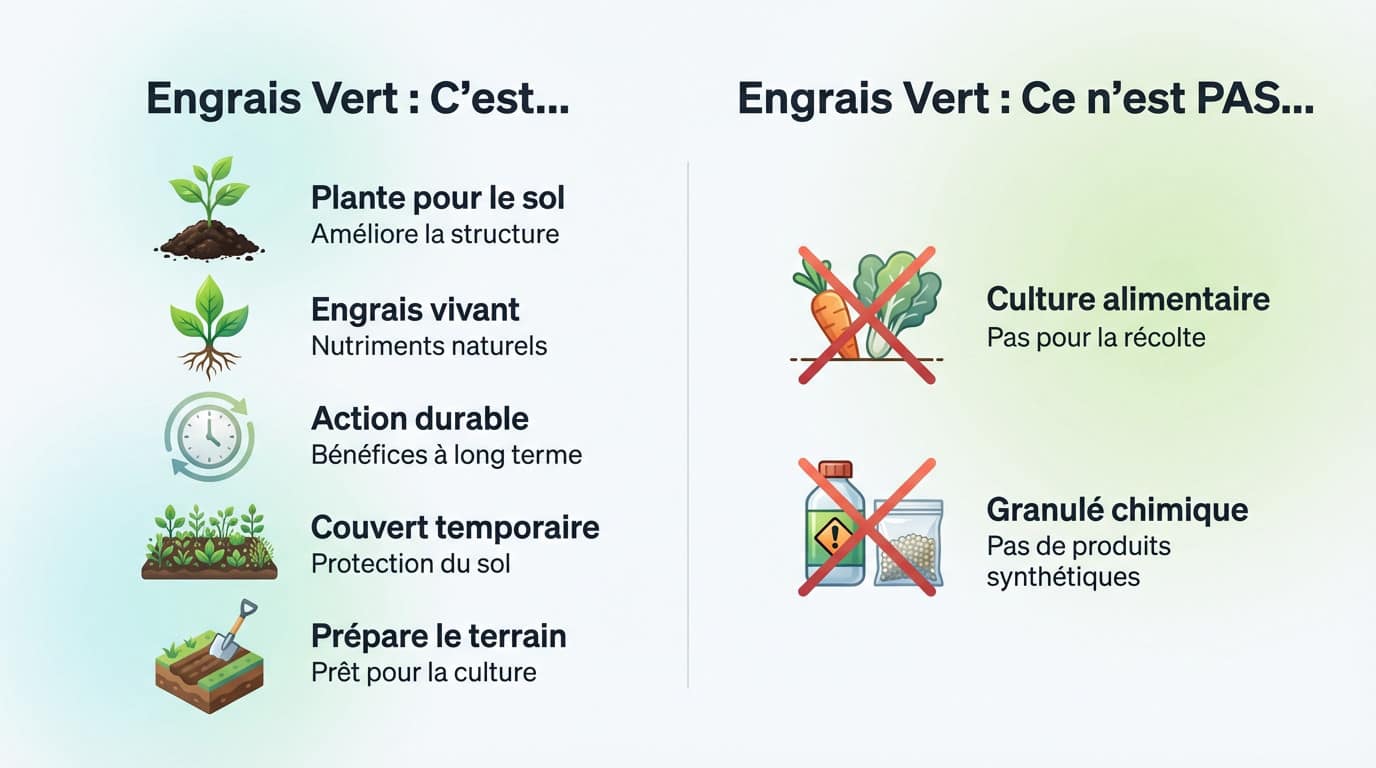 Jardinier observant un engrais vert dense qui couvre et protège le sol