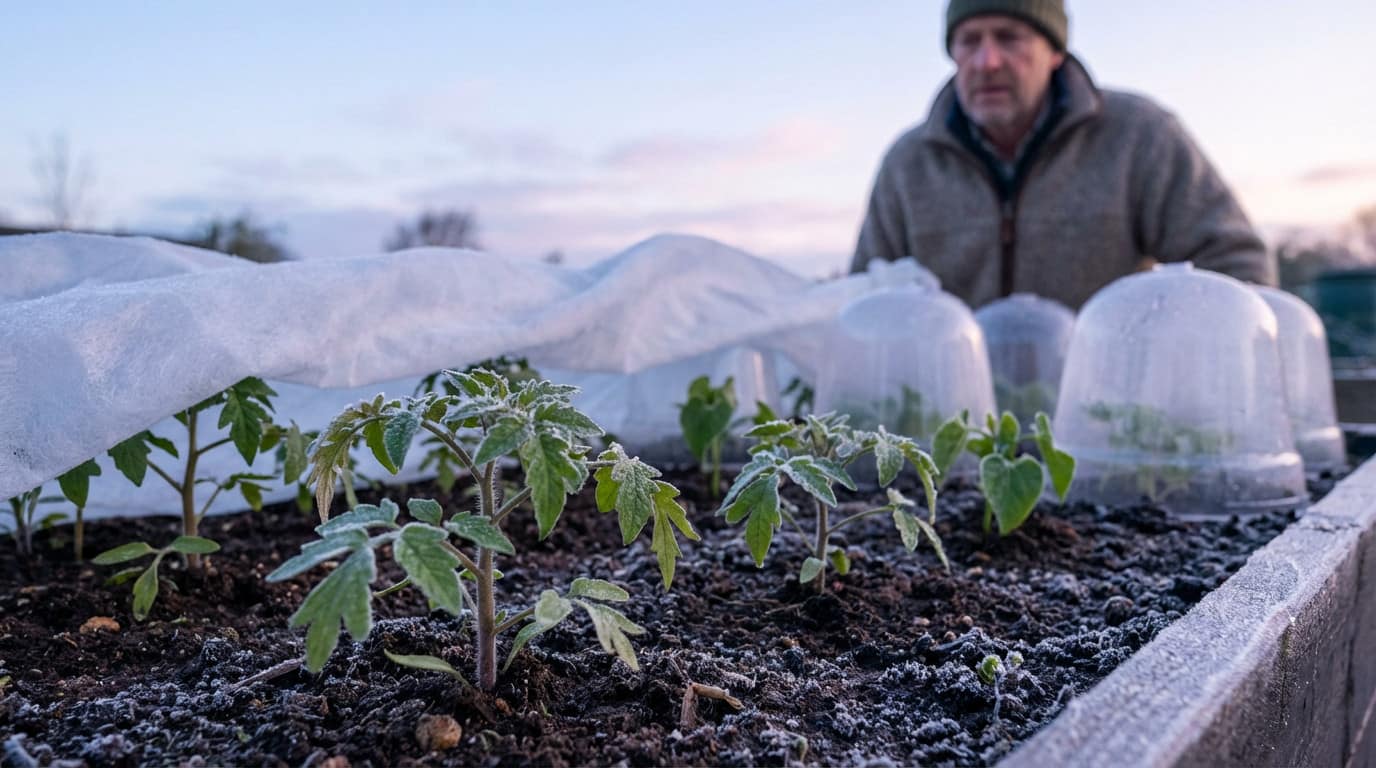 un jardinier en train de protéger ses plants pour qu'il supportent un léger froid.