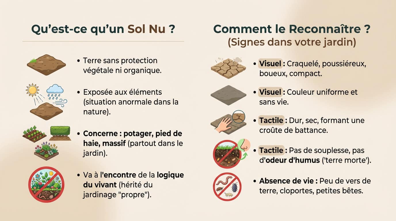 Sol nu craquelé et sec illustrant l'absence de couverture végétale au jardin