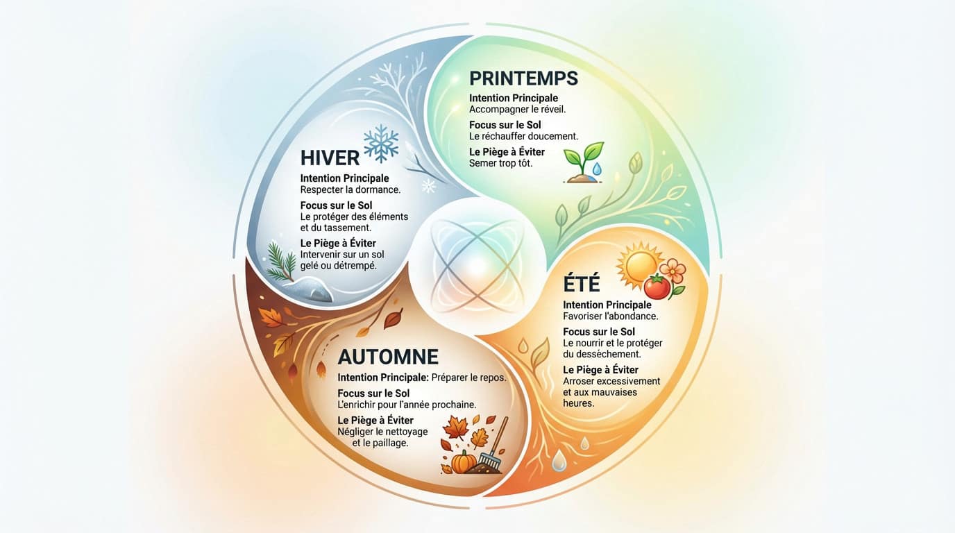 Infographie illustrant les pratiques de jardinage adaptées aux quatre saisons : printemps, été, automne et hiver