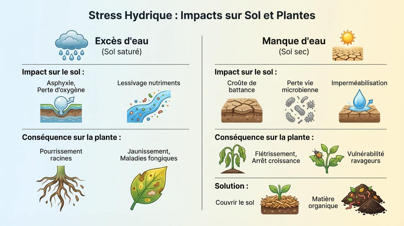 Schéma montrant l'impact du stress hydrique sur les racines et le sol du jardin