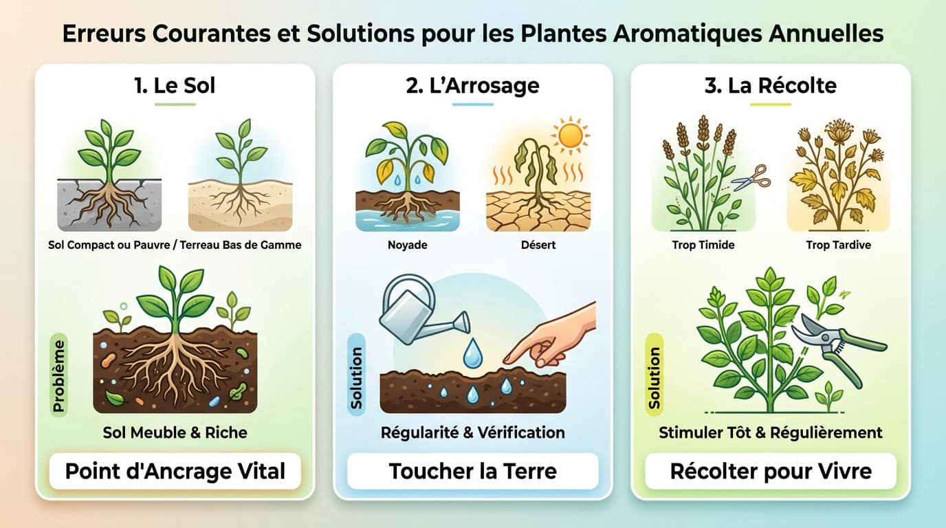Schéma illustrant les erreurs fréquentes de culture des plantes aromatiques annuelles : arrosage excessif, sol inadapté et absence de récolte