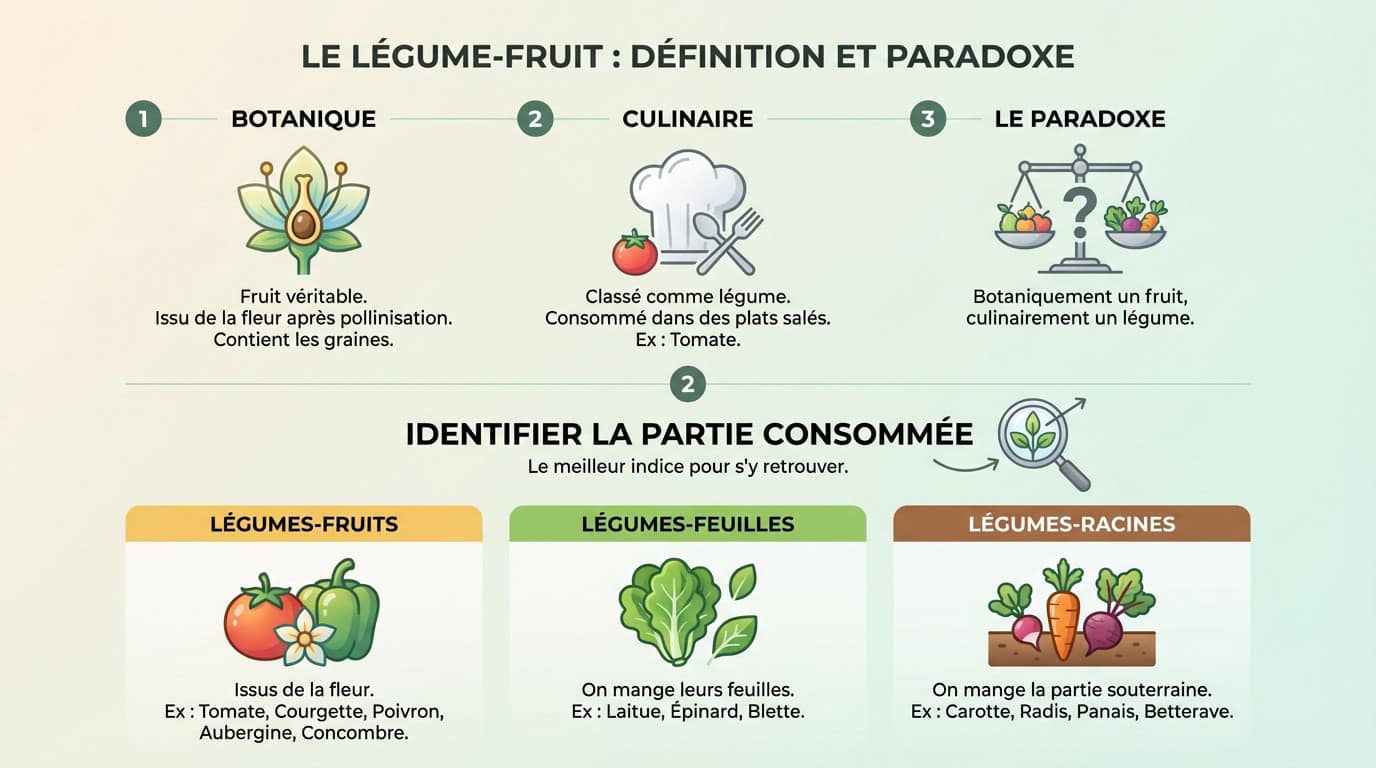 Schéma illustrant la différence entre fruit botanique et usage culinaire des légumes fruits comme la tomate