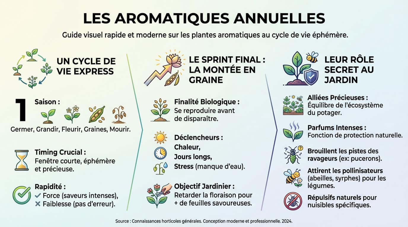 Panier de récolte garni de plantes aromatiques annuelles fraîches au potager