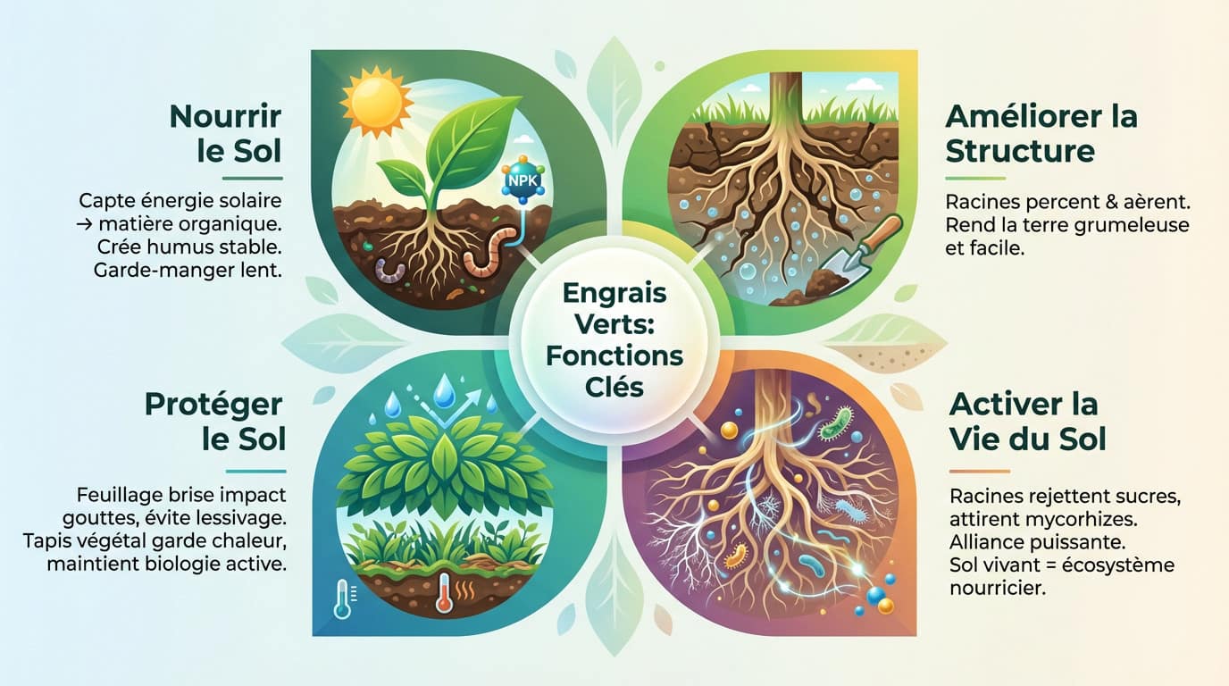 Schéma illustrant les fonctions clés des engrais verts sur la structure et la vie du sol