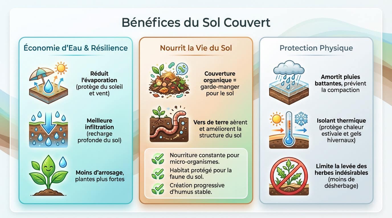 Comparaison visuelle entre un sol nu craquelé et un sol vivant couvert de paillage riche en biodiversité