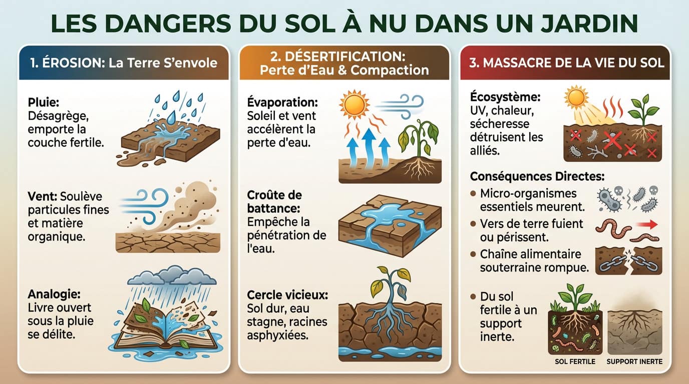 Sol de jardin craquelé et nu illustrant les dégâts de l'érosion et de la sécheresse