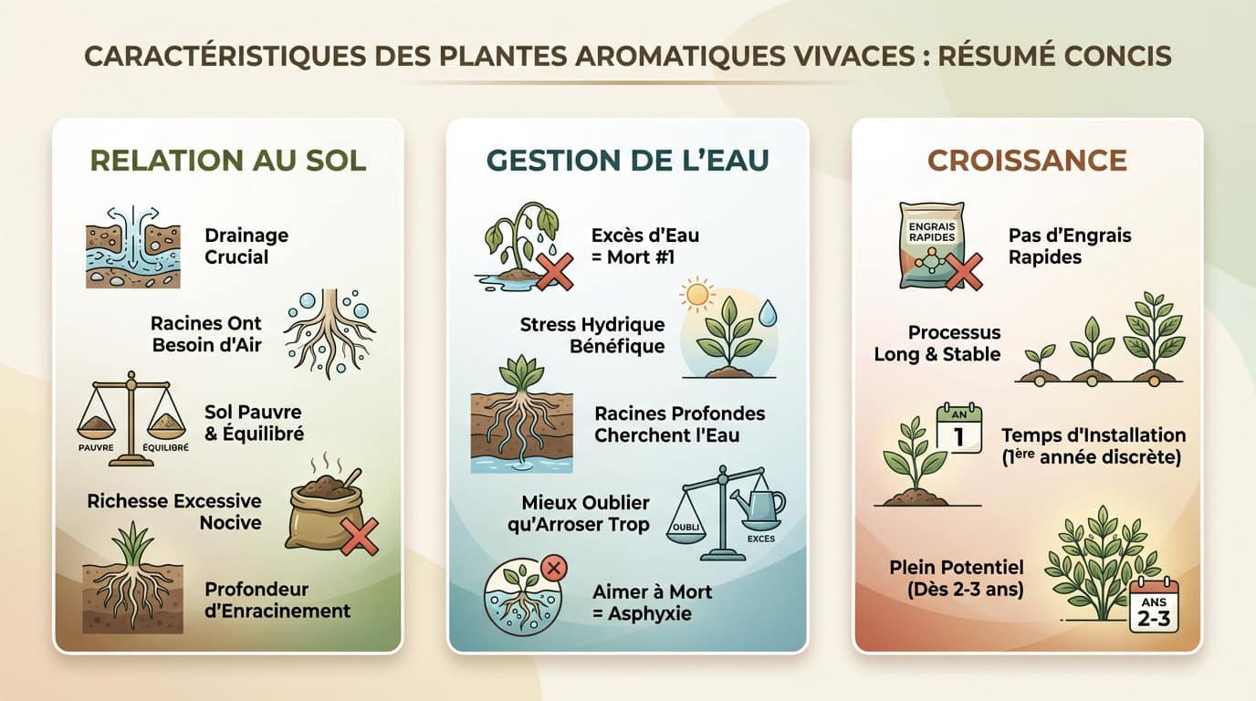 Schéma illustrant le système racinaire profond des aromatiques vivaces et leurs besoins en drainage