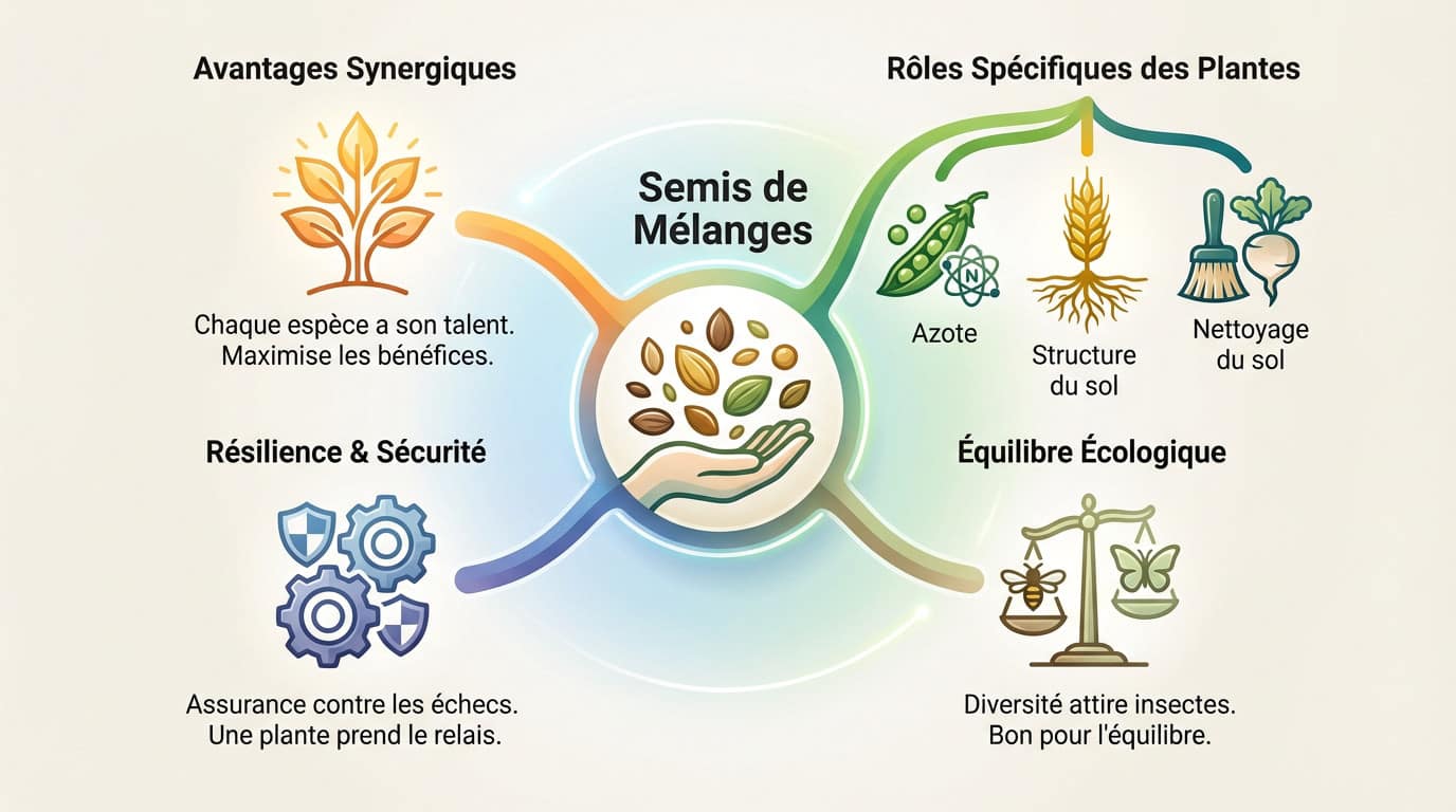 Infographie illustrant les bénéfices de la diversité végétale dans les mélanges d'engrais verts