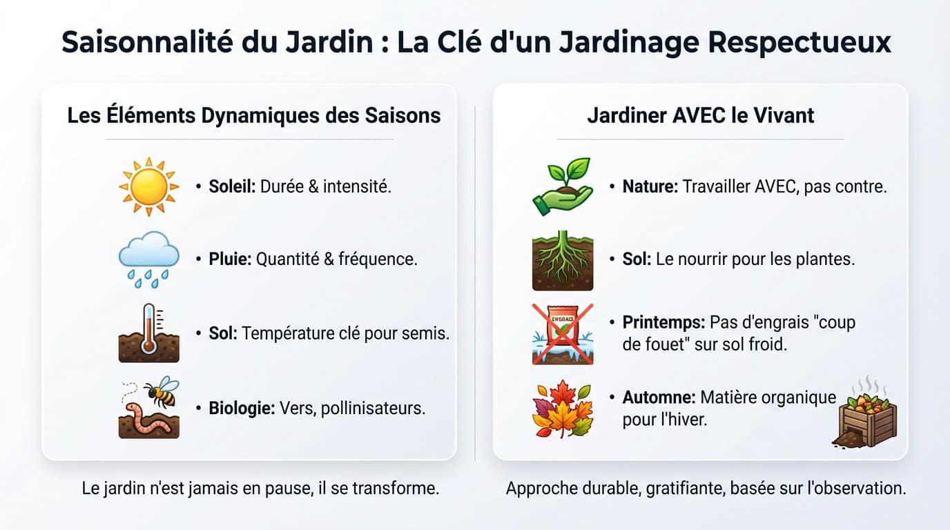 Illustration de la saisonnalité au jardin montrant l'évolution des plantes et du sol au fil des saisons