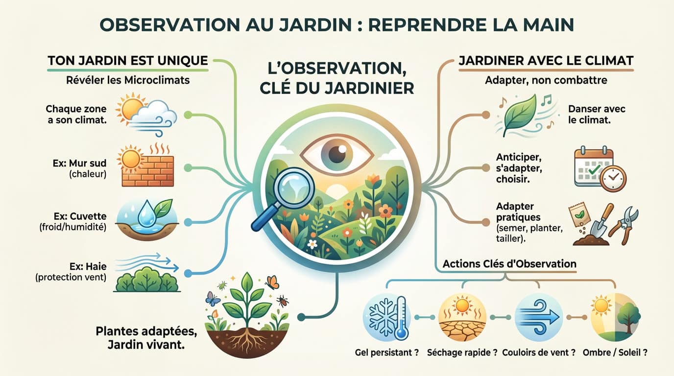 Jardinier observant son potager pour identifier les microclimats