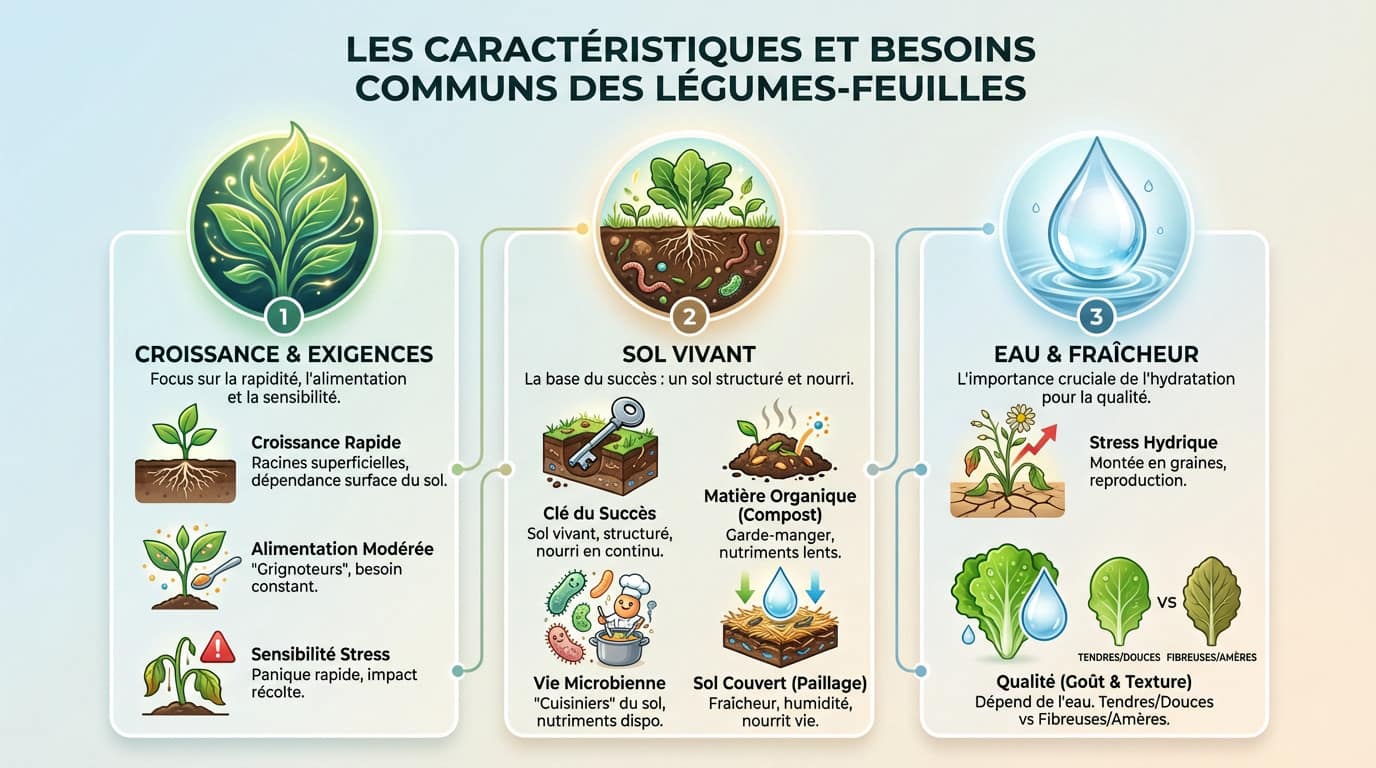 Schéma illustrant les besoins en eau et sol vivant des légumes-feuilles