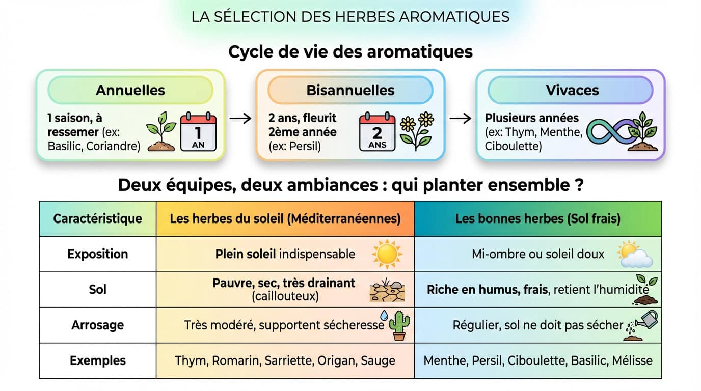 Schéma illustrant le cycle de vie des plantes aromatiques et leurs associations au jardin