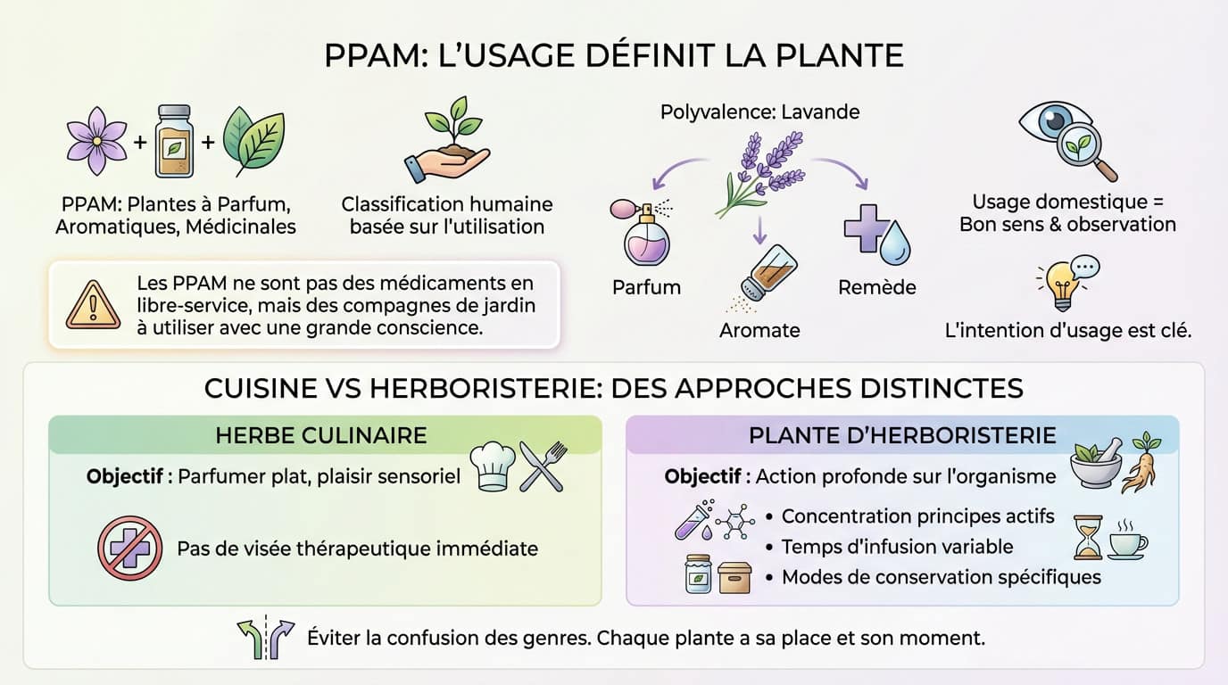 Schéma illustrant la distinction entre plantes à parfum, aromatiques et médicinales selon leur usage