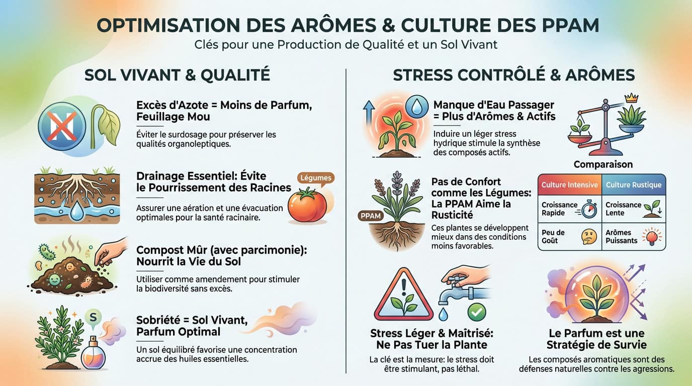 Culture respectueuse des PPAM : sol vivant et gestion du stress hydrique pour des arômes concentrés