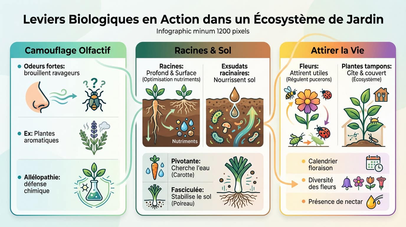 Schéma illustrant les interactions biologiques au jardin : racines, odeurs et insectes auxiliaires