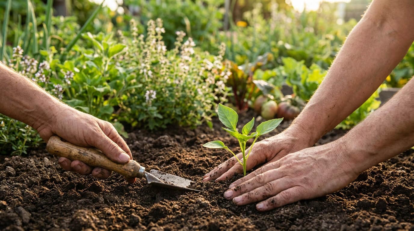 des mains dans la terre qui plantent l'avenir a l'aide de plantes compagnes