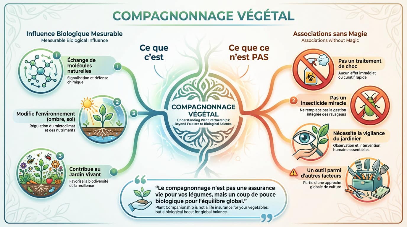 Schéma illustrant les interactions biologiques entre plantes compagnes au potager : racines, odeurs et insectes auxiliaires