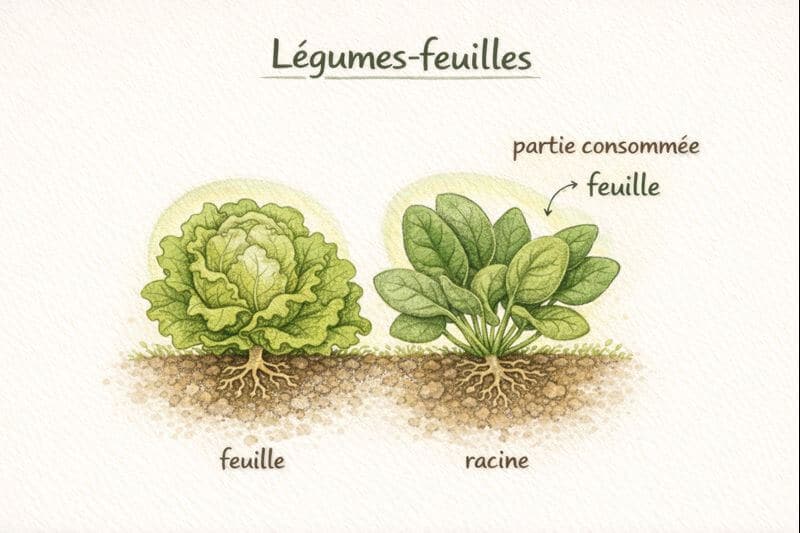 Infographie illustrée montrant un légume-feuille avec ses racines et ses feuilles mises en évidence pour expliquer quelle partie de la plante est consommée au potager.